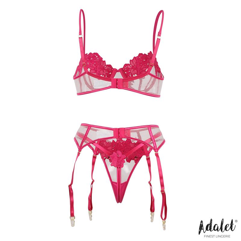 Nora Set Sujetador Tanga y Liguero con Flores Fuchsia